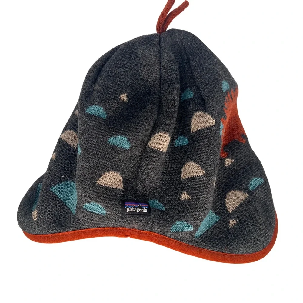 Patagonia Kids Fleece Lined Reversible Hat Hedgehog‎ Cloud Pattern Orange Trim